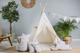 Cream kids tipi with Bunnies and Owls | cream tipi tent for kids | baby tipi tent | tipi tent cream | cream kids tent | cream tipi | Cream Tent with Pom-Poms