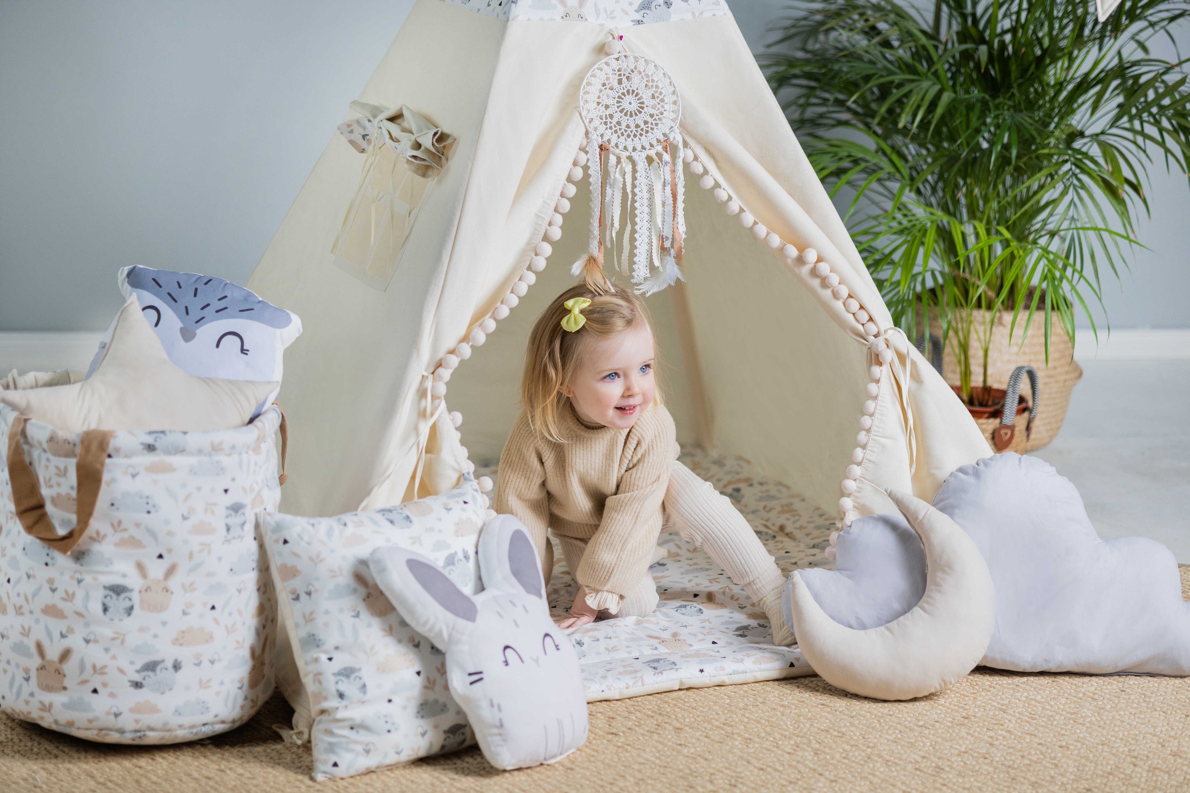 Cream kids tipi with Bunnies and Owls | cream tipi tent for kids | baby tipi tent | tipi tent cream | cream kids tent | cream tipi | Cream Tent with Pom-Poms