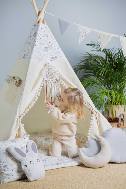 Cream kids tipi with Bunnies and Owls | cream tipi tent for kids | baby tipi tent | tipi tent cream | cream kids tent | cream tipi | Cream Tent with Pom-Poms