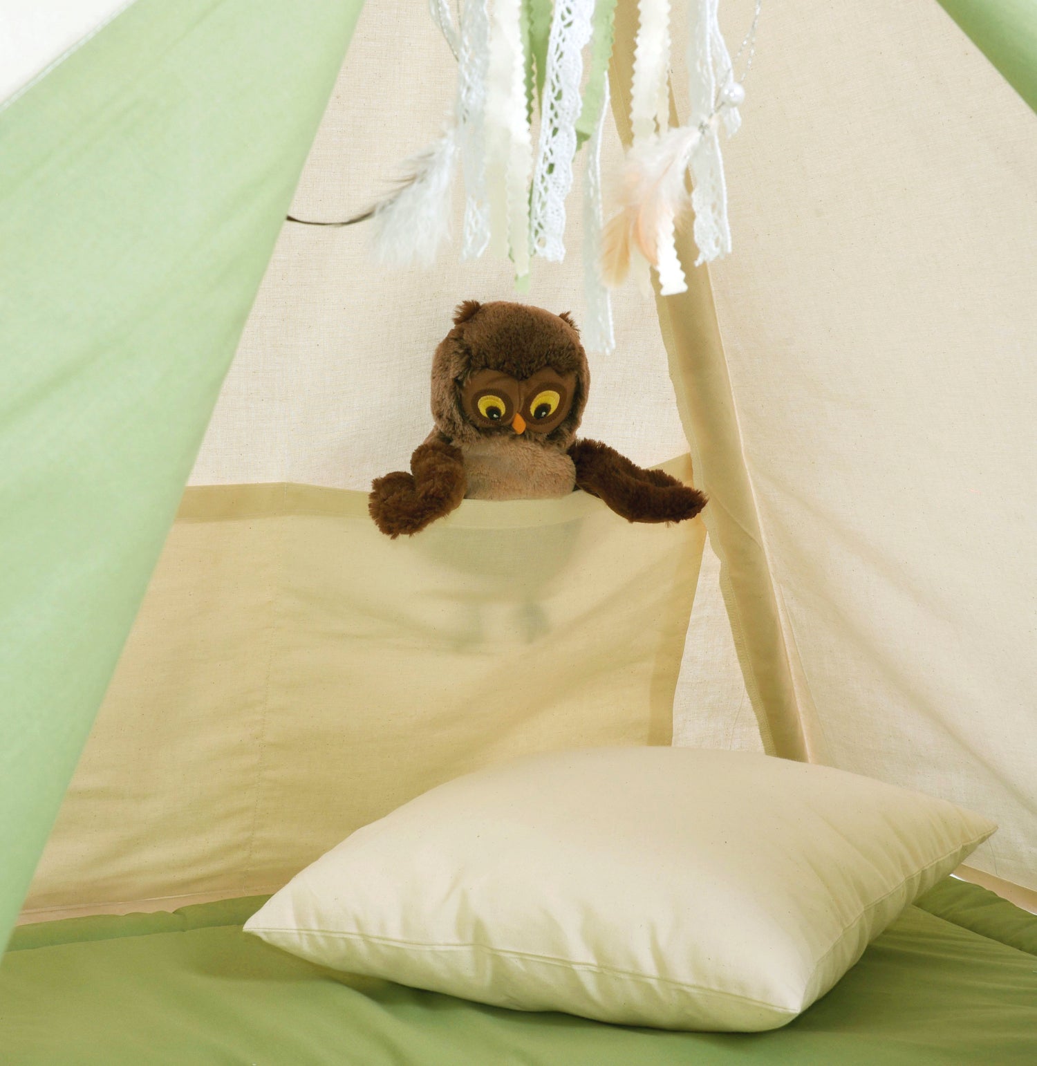 Kids Tipi Tent - Cream &amp; Green