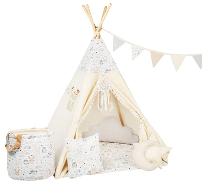 Cream kids tipi with Bunnies and Owls | cream tipi tent for kids | baby tipi tent | tipi tent cream | cream kids tent | cream tipi | Cream Tent with Pom-Poms