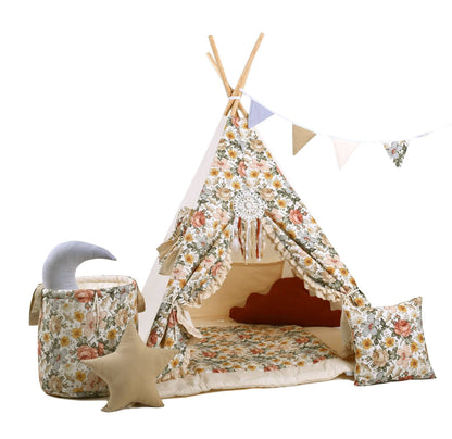 Flowers Tipi Tent | Tipi Tent with Flowers | Tipi Tent for Kids | Kids Tipi Tent | Tipi Tent for Babies and Toddlers | Cream Tent  with Flowers | Tipi Tent |