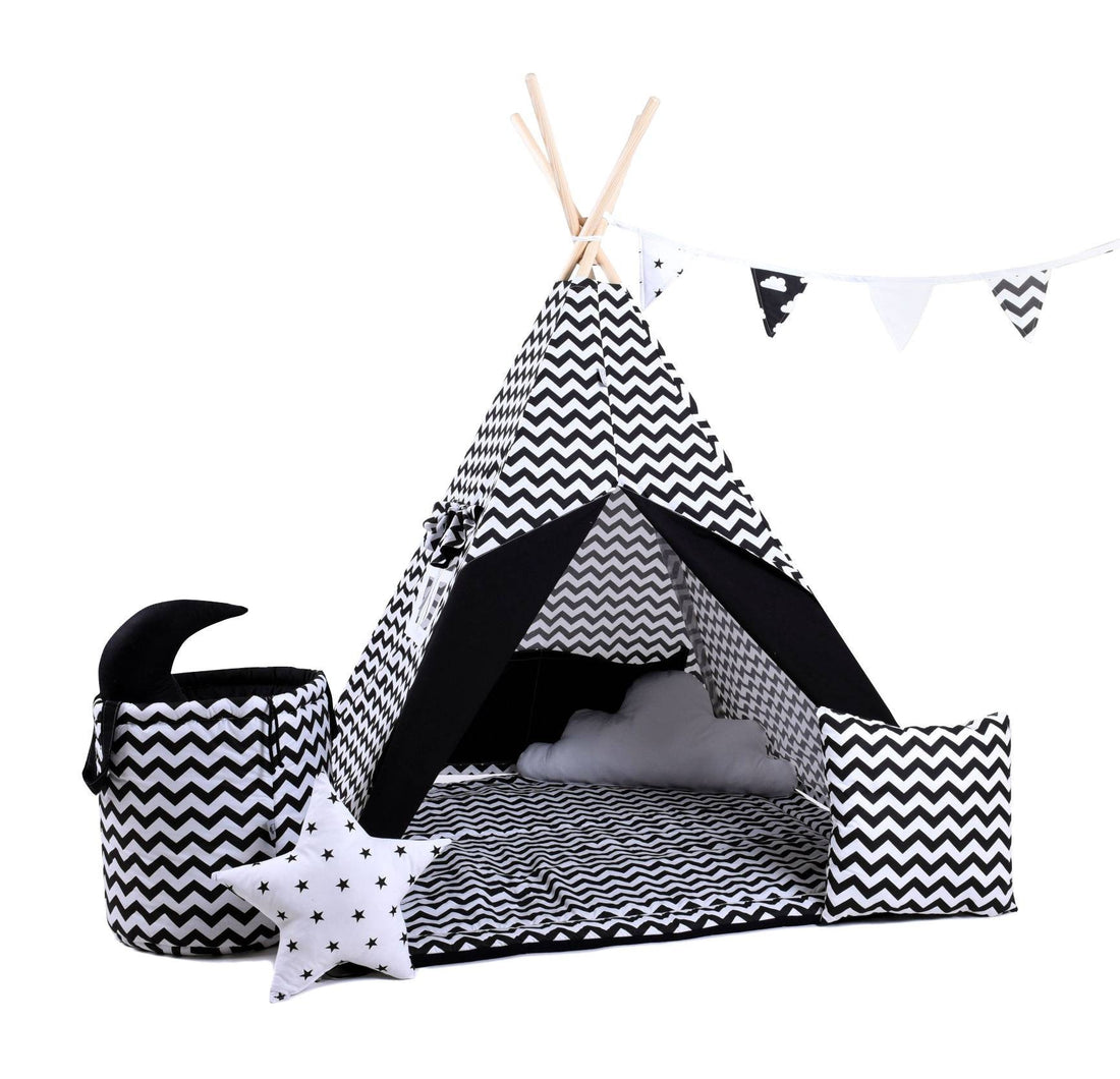 Tente Tipi Enfants - Zigzag Noir &amp;amp; Blanc