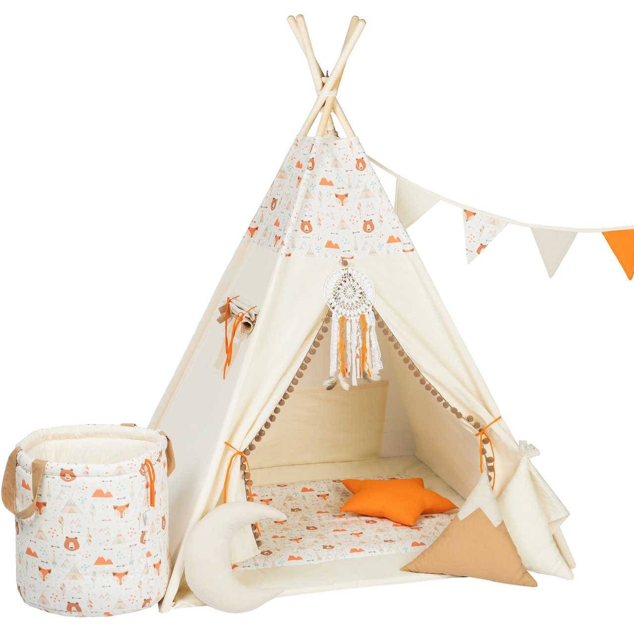 Cream &amp; Orange Tipi Tent | Tipi Tent with Bear | Tipi Tent for Kids | Kids Tipi Tent | Tipi Tent for Babies and Toddlers | Cream Tent | Tipi Tent | 