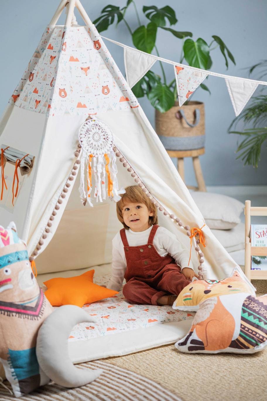 Cream &amp; Orange Tipi Tent | Tipi Tent with Bear | Tipi Tent for Kids | Kids Tipi Tent | Tipi Tent for Babies and Toddlers | Cream Tent | Tipi Tent | 