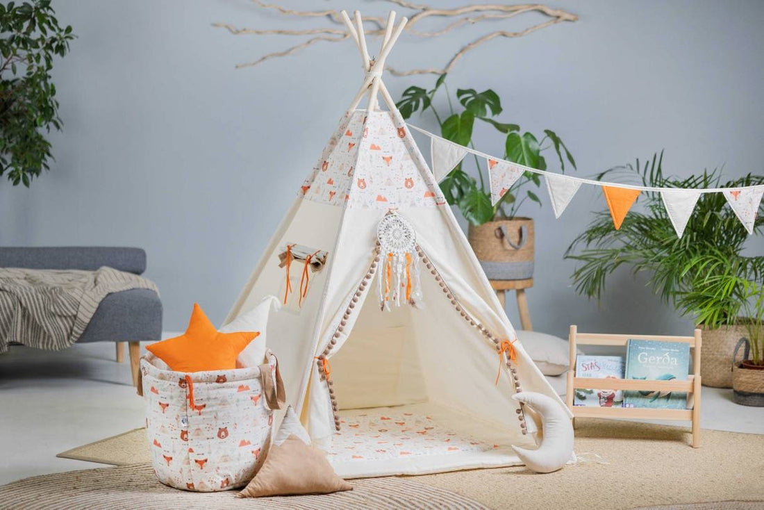 Cream &amp; Orange Tipi Tent | Tipi Tent with Bear | Tipi Tent for Kids | Kids Tipi Tent | Tipi Tent for Babies and Toddlers | Cream Tent | Tipi Tent | 